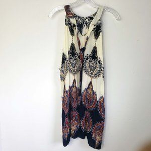 Women's Ivory Blue Indian Paisley Sleeveless Tie Neck Knee Length Sheath Dress